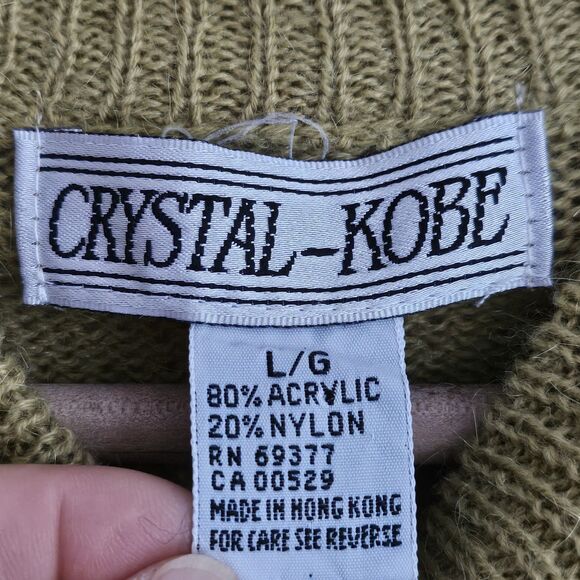 Vintage Crystal-Kobe Cottagecore Green Sweater Pearl Front Mock Turtleneck L - Picture 3 of 7